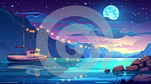 The cartoon background illustrates a night ocean with a boat and a mountain in the background. Moonlight and clouds