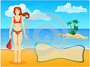 Cartoon background - illustration woman on the summer bea
