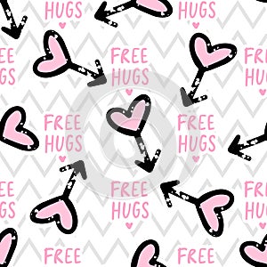 Cartoon background. Love, hearts and inscription free hugs.