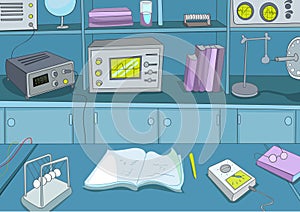 Cartoon background of physics laboratory.