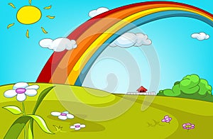 Cartoon background of summer glade with rainbow.