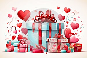 Cartoon background with Valentine\'s day gift and hearts on a white background. Love greeting card, date invitation, wedding.