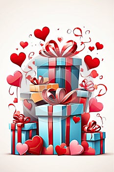 Cartoon background with Valentine\'s day gift and hearts on a white background. Love greeting card, date invitation, wedding.