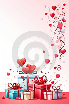 Cartoon background with Valentine\'s day gift and hearts on a white background. Love greeting card, date invitation, wedding.