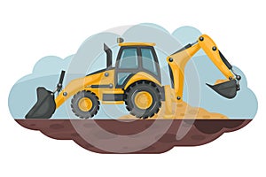 Cartoon of a backhoe excavating the ground. Heavy machinery used in the construction and mining industry