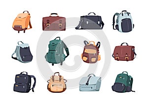 Cartoon backpack. School bags, camera bag and rucksack for laptop, travel and camping leisure backpack, journey textile