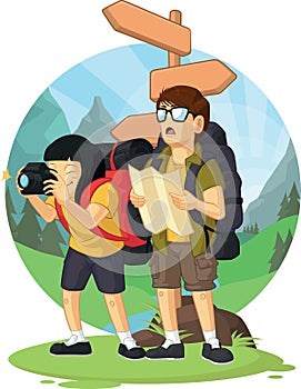 Cartoon of Backpacker Boy & Girl Enjoying Vacation photo