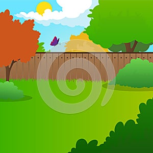 Cartoon backyard landscape with green meadow, bushes, trees, wooden fence, blue sky and flying butterfly. Summer nature