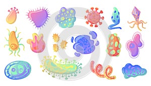 Cartoon bacteria. Ameba and virus cell probiotic collection. Flu germ. Microbes and bacillus disease. Unicellular photo