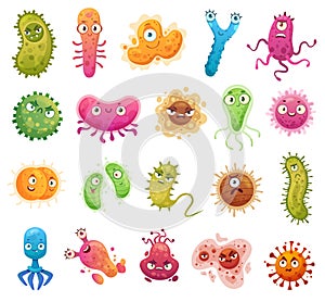 Cartoon bacteria mascot. Virus character, bacterias with funny faces. Color microbes and disease viruses isolated vector