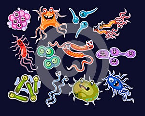 Cartoon bacteria set isolated on blue background. Vector illustration