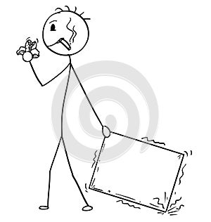 Cartoon of Bad Delivery Man or Businessman Negligently Pulling Carton Box, Usable as Empty Sign