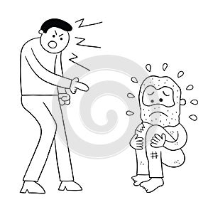 Cartoon bad man insults homeless man vector illustration