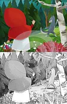 Cartoon bad wolf meeting little girl in red hood in forest