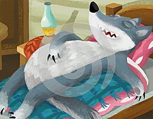 Cartoon bad wolf sleeping on grandma bed illustration