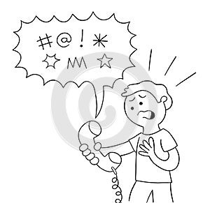 Cartoon bad words are spoken to the man on the phone, swearing, vector illustration