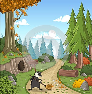 Cartoon badger cleaning the entrance of his house on green forest.