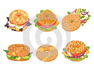 Cartoon bagel. Lunch food donut sandwich, gourmet restaurant breakfast bagels with cheese, salmon and avocado vector set