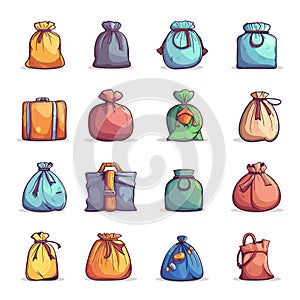 Cartoon Bags Colourful Set. Flat pouches Isolated Vector Symbols. Various Hand-Drawn sacs Design Elements on White