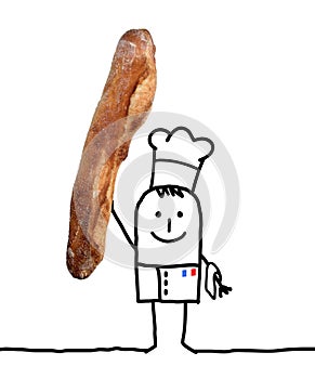 Cartoon Baker Chef  with big french Baguette in Hand