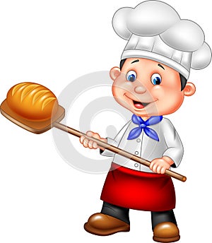 Cartoon baker holding bakery peel tool with bread