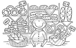 Cartoon baker selling bread and buns at the bakery
