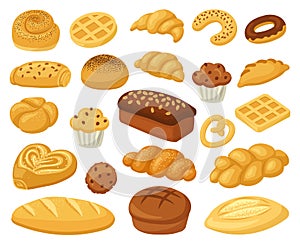 Cartoon bakery food. Pastry products, bread loaf, french baguette, and croissant. Bakery whole grain and wheat products