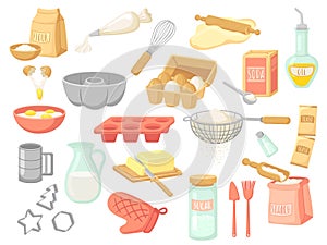 Cartoon baking ingredients. Bake products, yeast and oil, eggs and flour pack. Home making dessert, sugar milk salt for