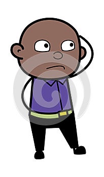 Cartoon Bald Black Man thinking in Confusion