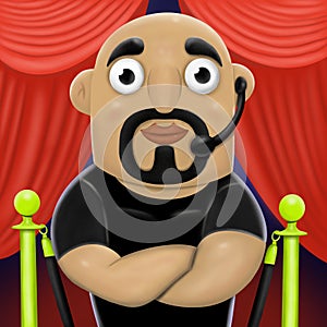 Cartoon bald bodyguard with beard and black t-shirt, illustration