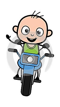 Cartoon Bald Boy Riding Motorbike