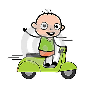 Cartoon Bald Boy Riding Scooter