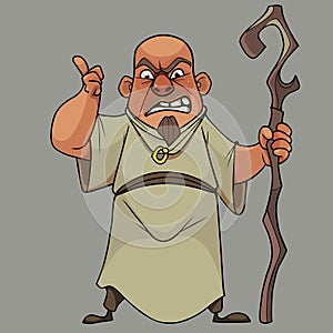 Cartoon bald man in a long tunic with a staff in his hand threatens with a finger