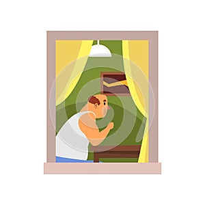 Cartoon bald man sitting behind table at his house. Room interior with picture on wall, lamp and curtains on window