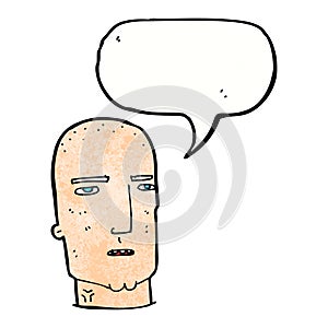 cartoon bald tough guy with speech bubble