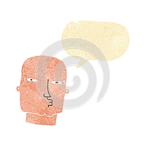 cartoon bald tough guy with speech bubble