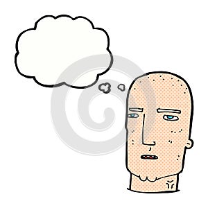 cartoon bald tough guy with thought bubble