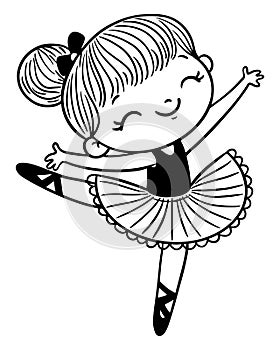 Cartoon ballerina girl outline illustration. Little girl in tutu dress dances, isolated clipart. Child ballet dancer photo