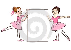 Cartoon ballerina girls holding blank sign template