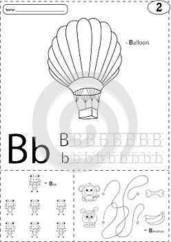 Cartoon balloon, bee and bananas. Alphabet tracing worksheet: writing A-Z and educational game for kids