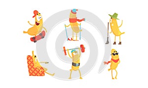 Cartoon Banana Character Doing Various Activities Vector Set