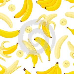 Cartoon bananas background. Yellow banana seamless pattern. Fresh tropical fruits fabric print design. Sweet vegan