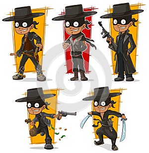 Cartoon bandit in black mask character vector set