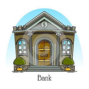 Cartoon bank building with columns. Banking