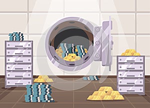 Cartoon bank vault. Gold and currency reserve, safe room entrance with open metal door vector background illustration