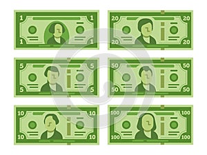 Cartoon banknote. Dollar cash, money banknotes and one hundred dollars bills stylized vector flat illustration