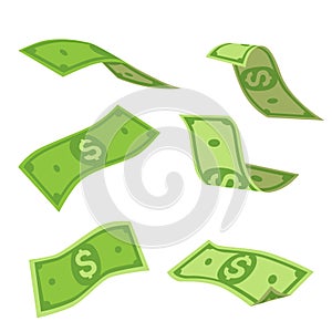 Cartoon banknotes and coins. Green dollar bill packs, bundles, stacks and piles
