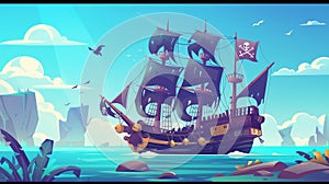 This cartoon banner depicts a pirate ship with black sails, cannons and the jolly roger flag floating on ocean water