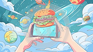 This cartoon banner for a fastfood restaurant or cafe shows burger, egg, salmon, and ice cream on a planet hand-held