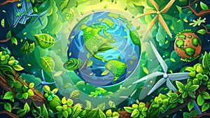A cartoon banner featuring the earth globe, wind turbines, recycling symbols, and leaves supporting sustainable
